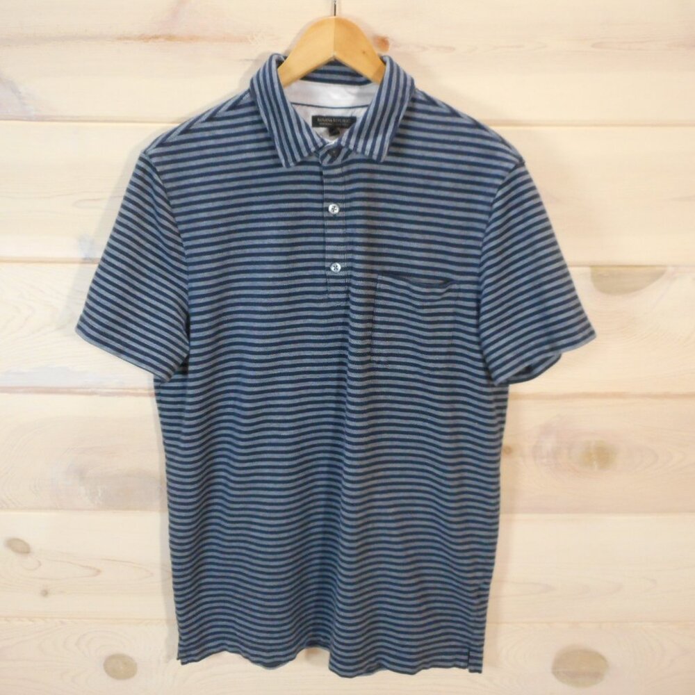 Banana Republic Performance Pique Polo Shirt Men's size L Blue Striped Pocket